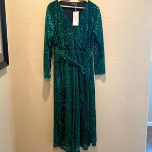 Green sparkly sequin patterned long dress with sash.